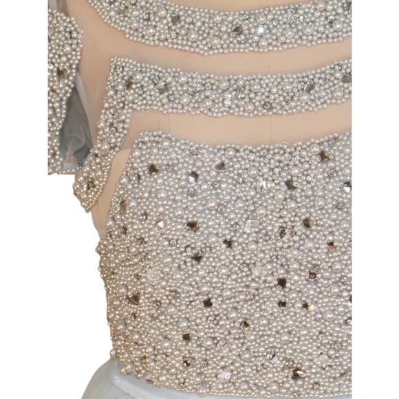 Mac Duggal Ice Blue Beaded Crop Top Gown Size 8 Formal Prom Dress - Picture 3 of 11